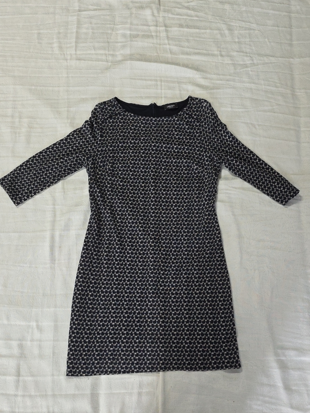 Olsen Europe Blue & White Geometric Pattern Knit Sheath Dress - Size M